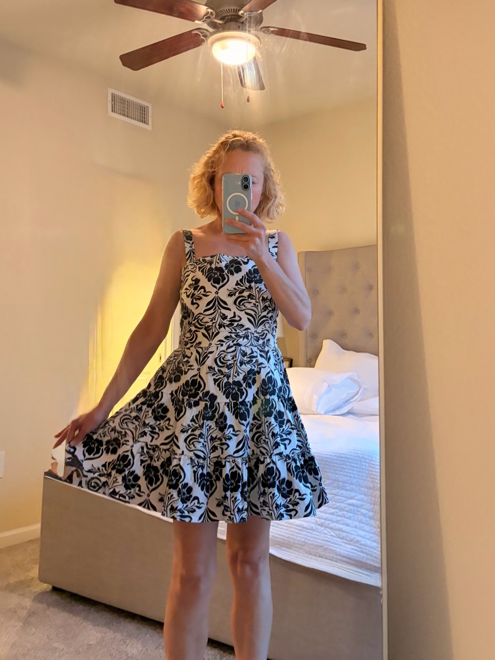 Storia Black & White Floral Fit-and-Flare Cotton Mini Dress